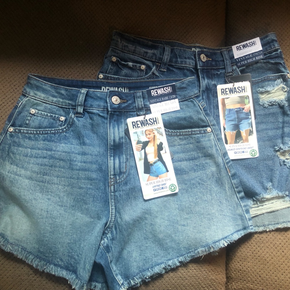 Lot of (2) pairs Rewash denim shorts with frayed hem. New with tags.